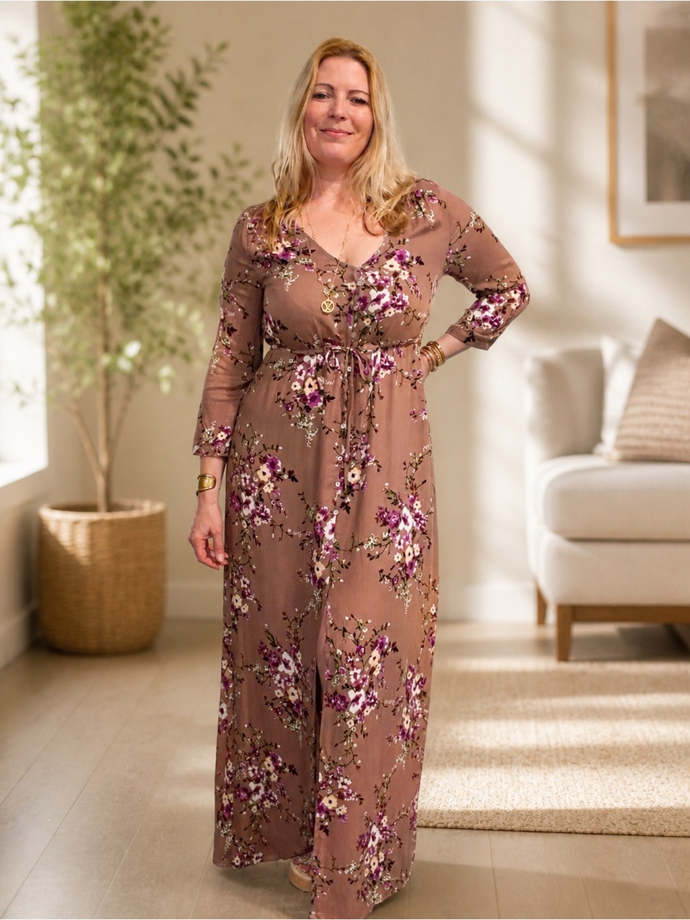 Brown Floral Maxi Dress with Pink & White Blossoms